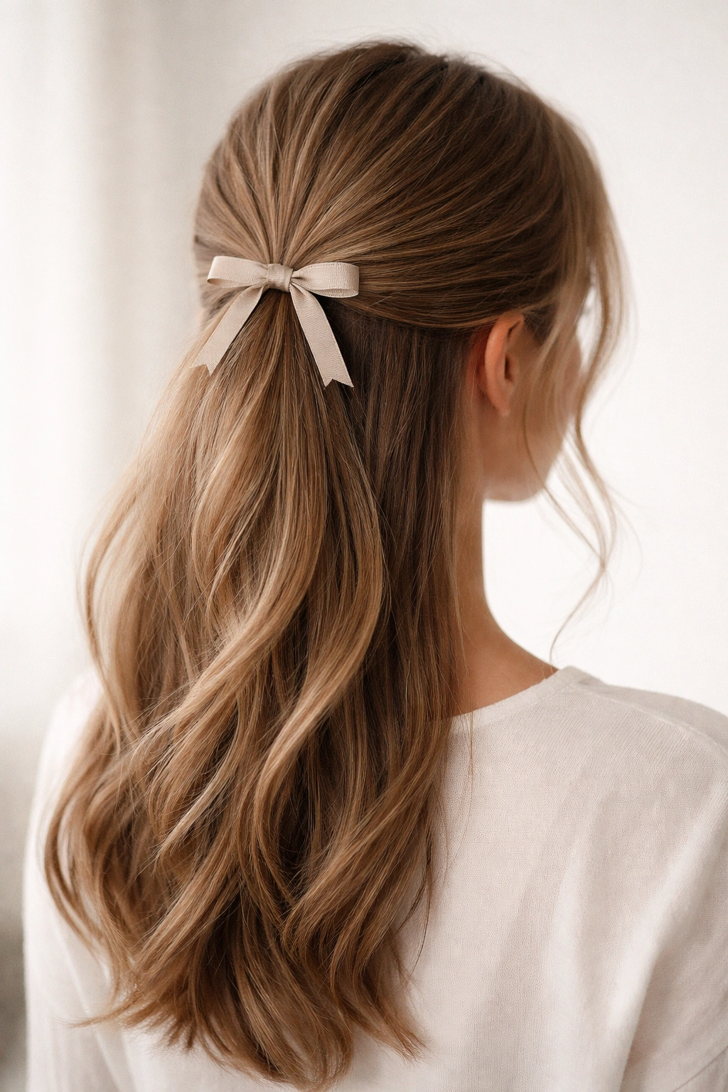 Close-up of minimalist half-up ponytail with a small neutral bow