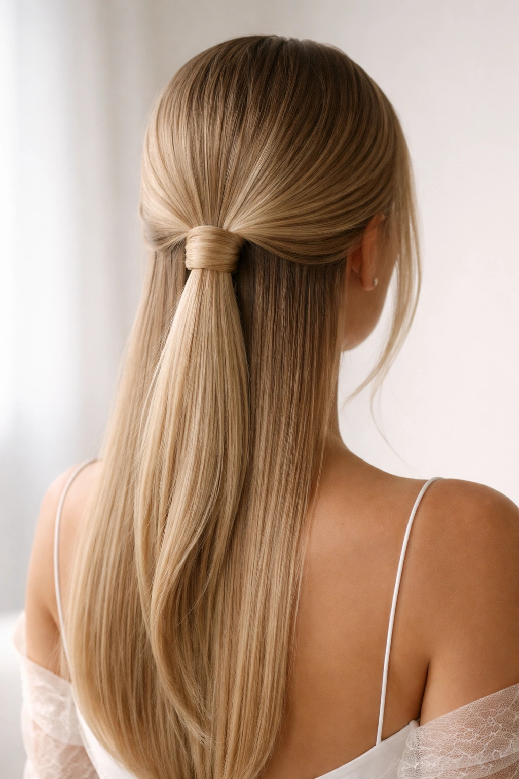 Low loop hairstyle with wrapped ends for a minimalist bridal look