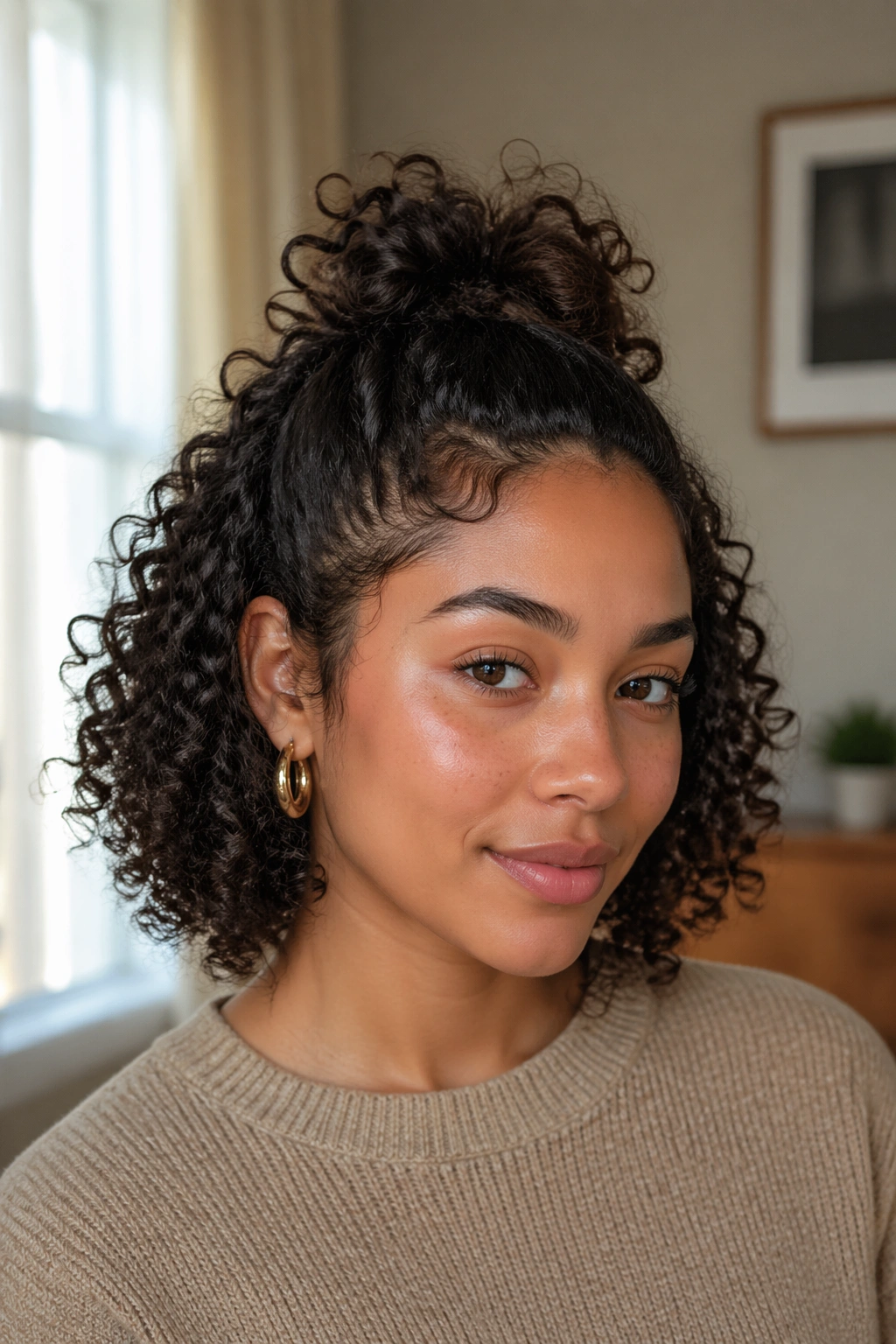 Real woman with minimalist mini faux ponytail at crown
