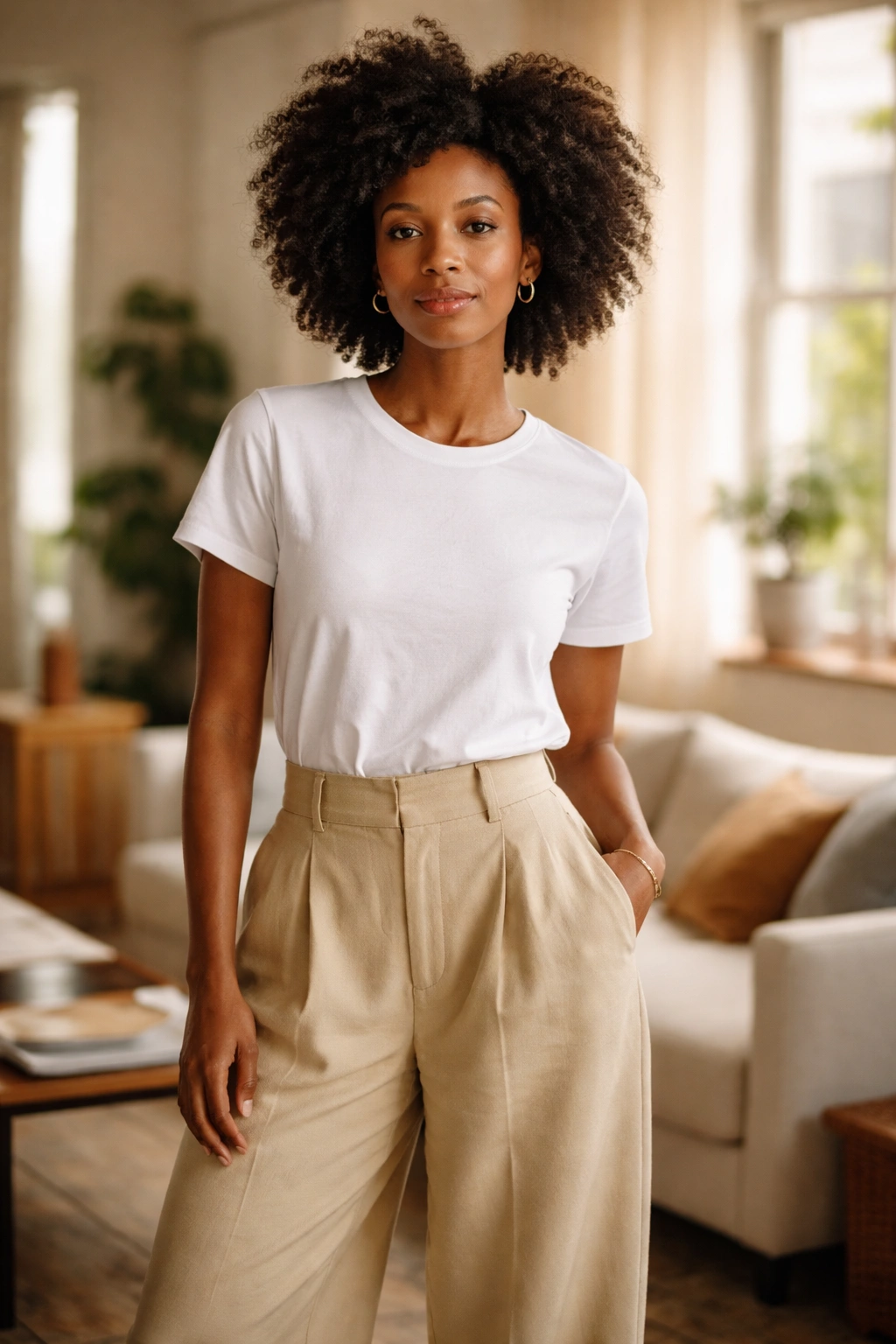 Woman in white tee and wide-leg trousers in a bright living room