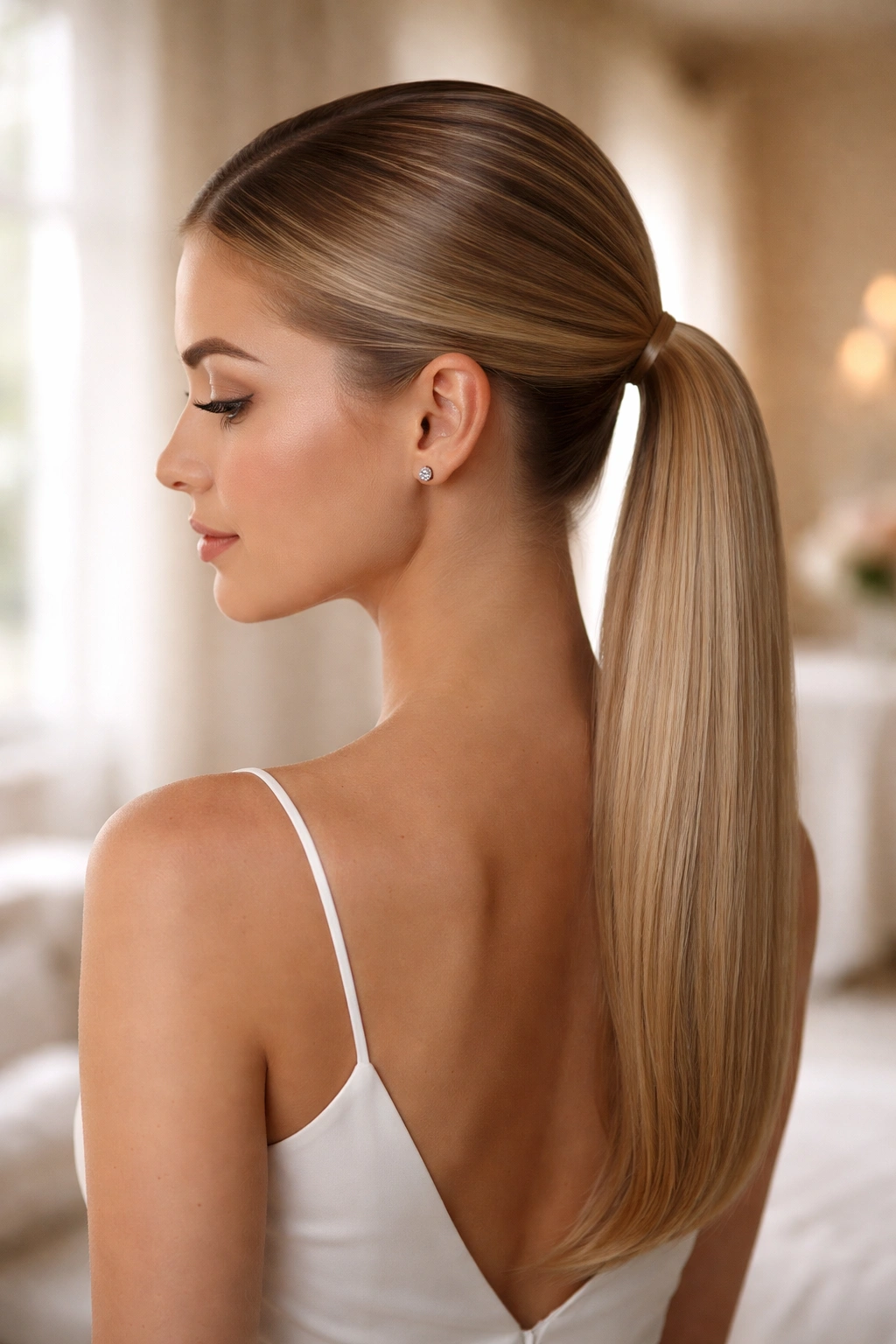 Close-up of a minimalist no-accessory ponytail on a real person with sleek, precise part.