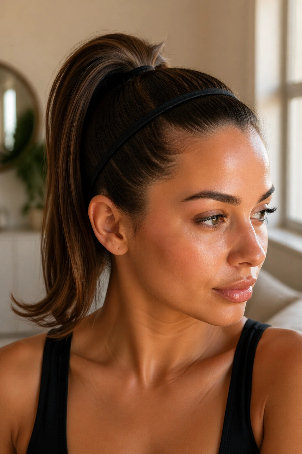 Close-up of a real woman's minimalist high ponytail secured with an elastic headband