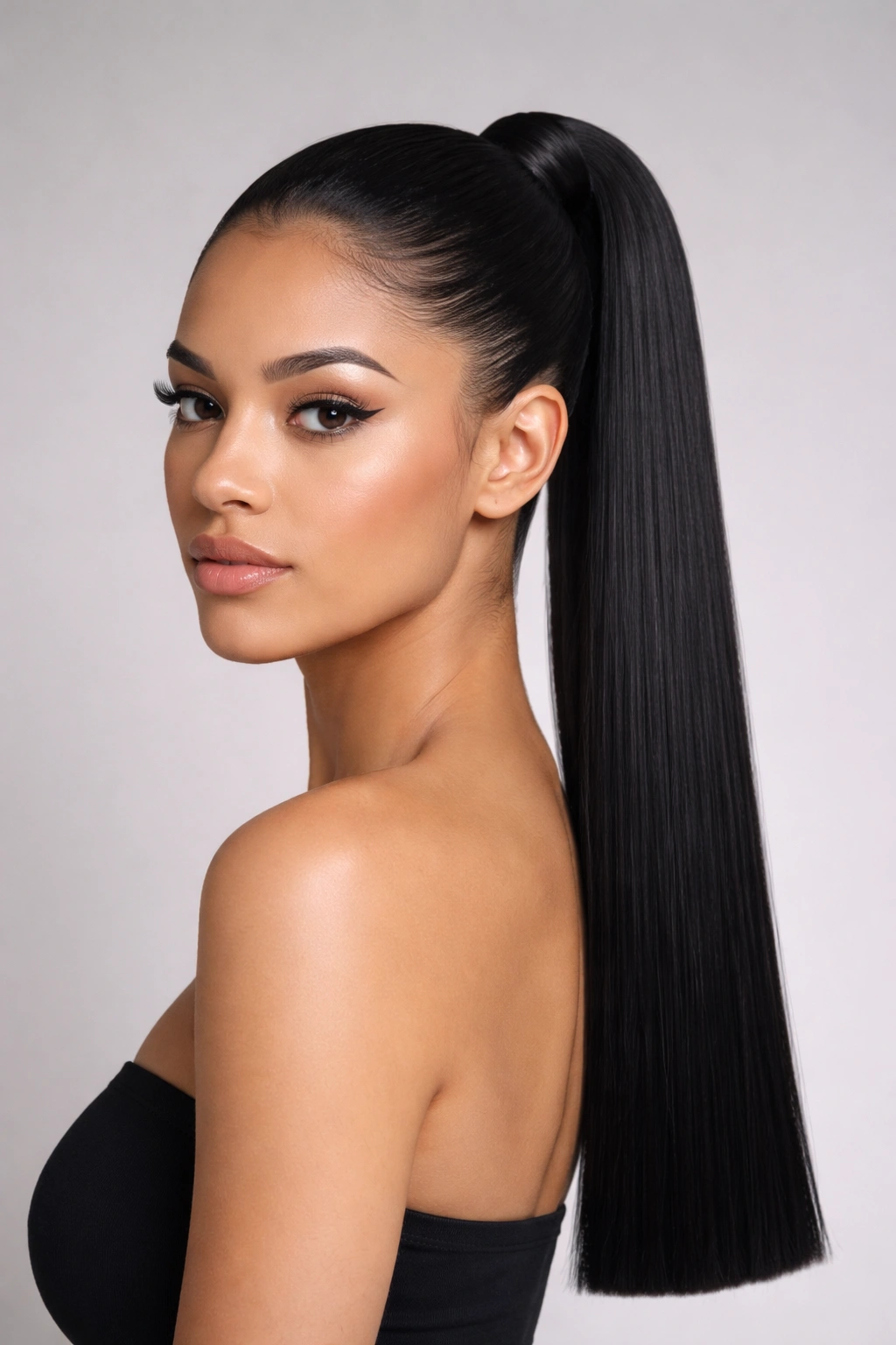 Close-up of a minimalist sleek ponytail with a tight, glossy finish against a neutral studio backdrop