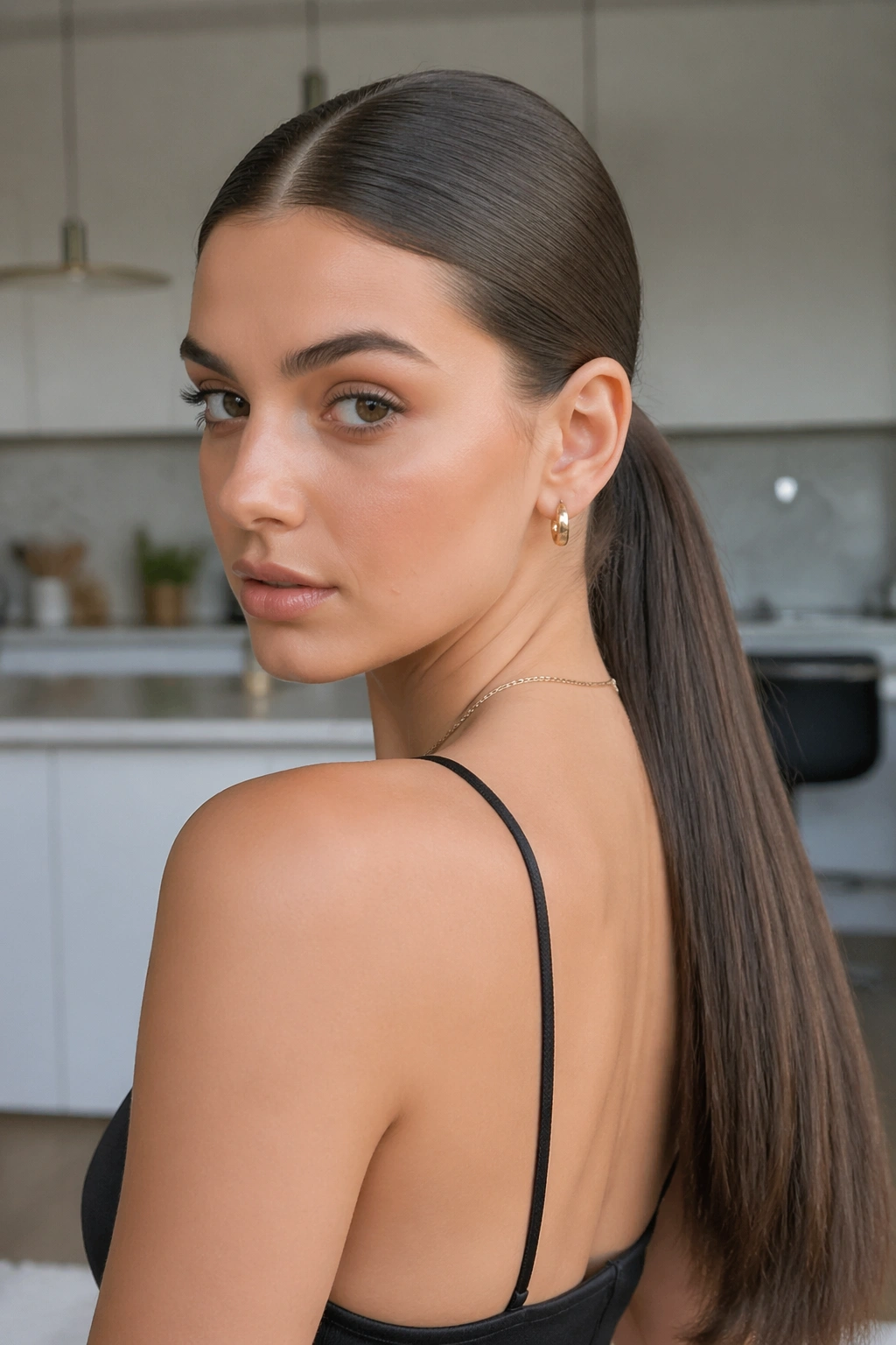 Real woman with minimalist straight ponytail and blunt middle part