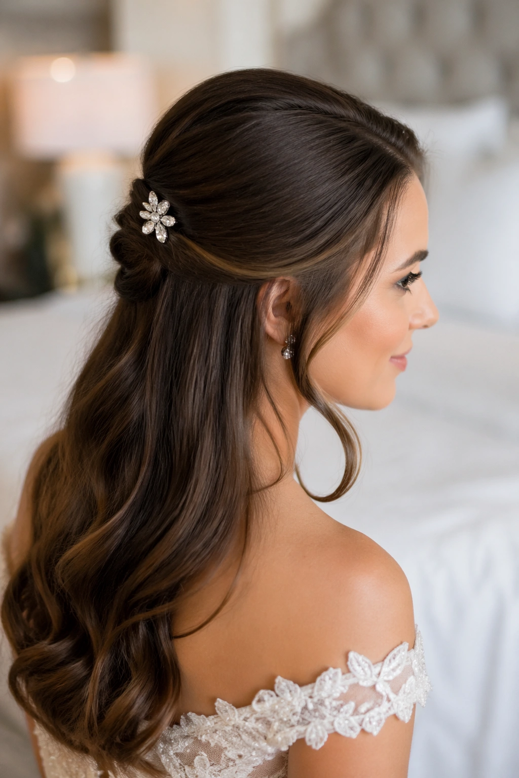 Close-up of a real bride with a minimalist half-up and single statement pin