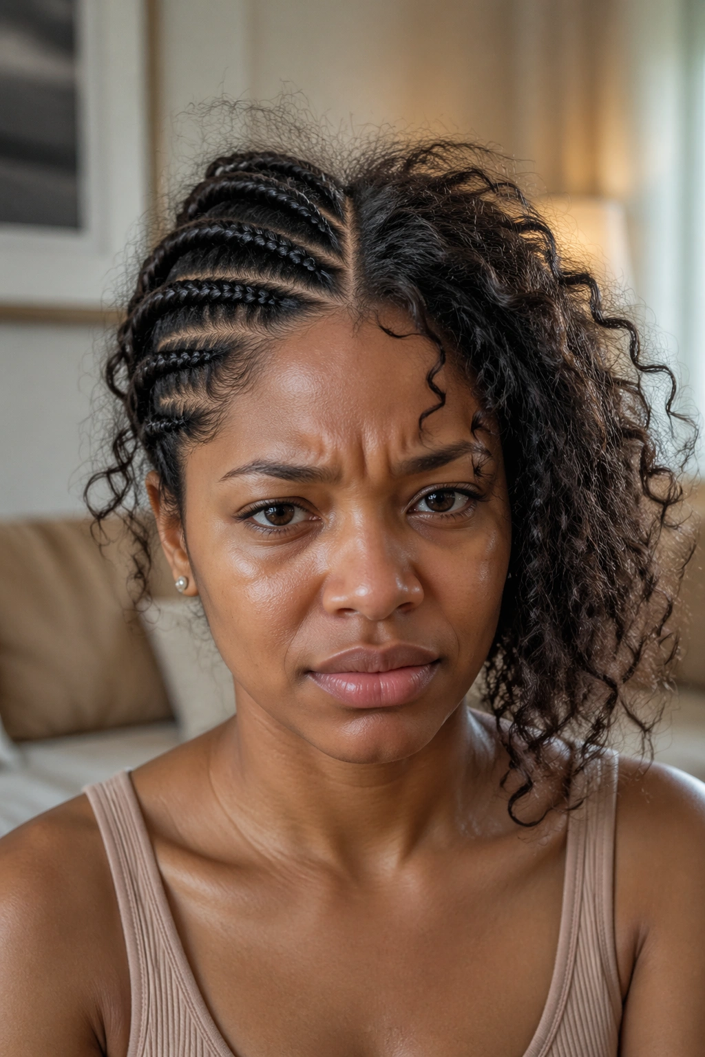 Portrait showing common mistakes in side cornrow curls hairstyle.