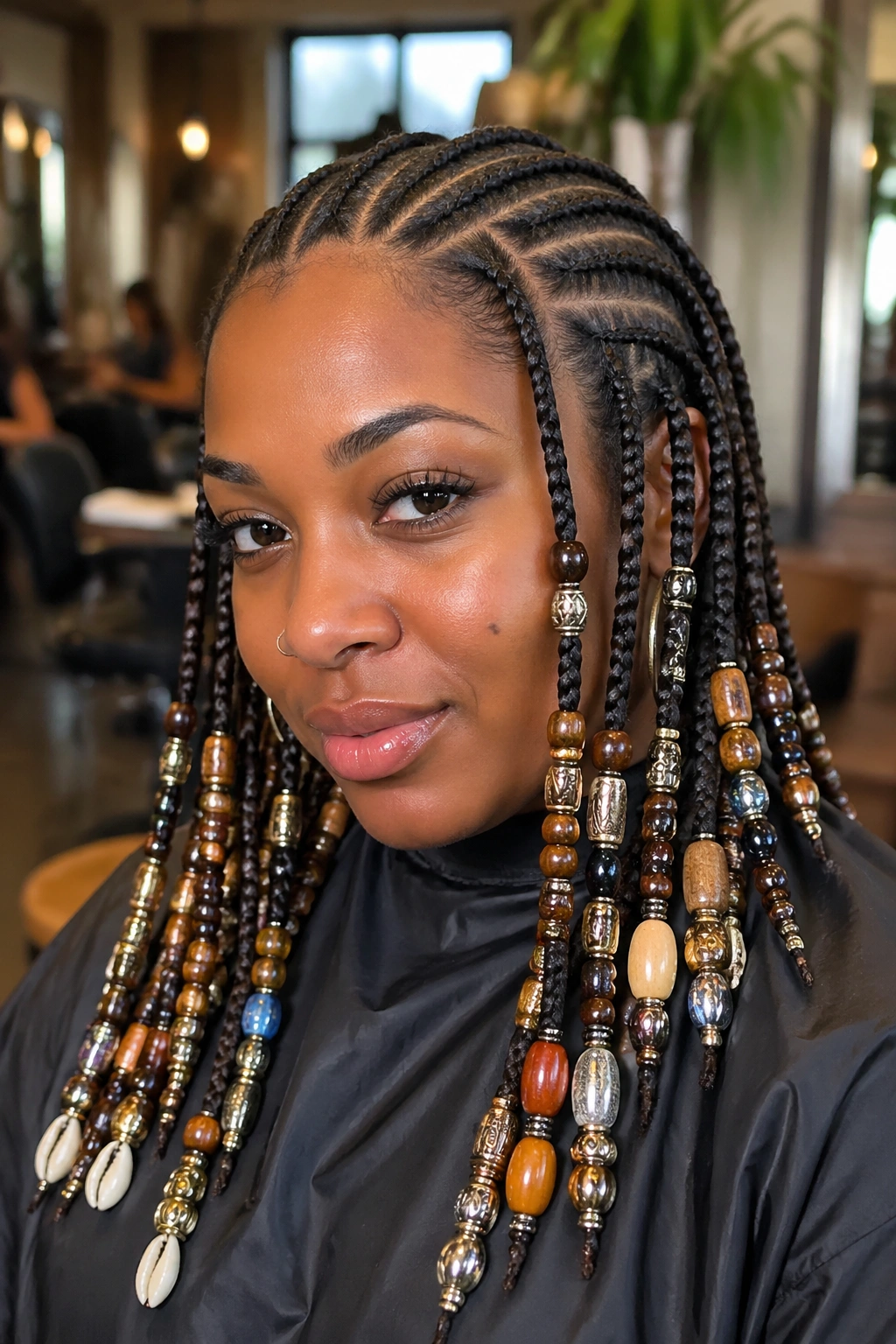 Portrait of a real person with cornrows and mixed bead types along the braids.