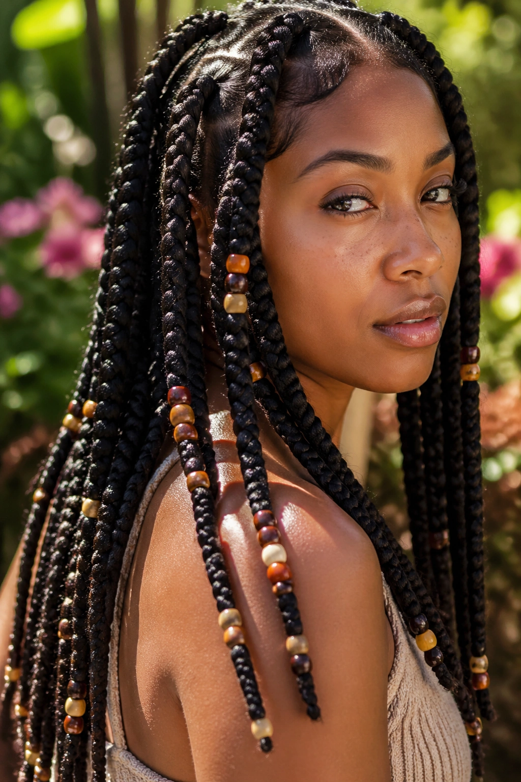 Real-person portrait showing jumbo box braids with mixed bead sizes in a cohesive color family