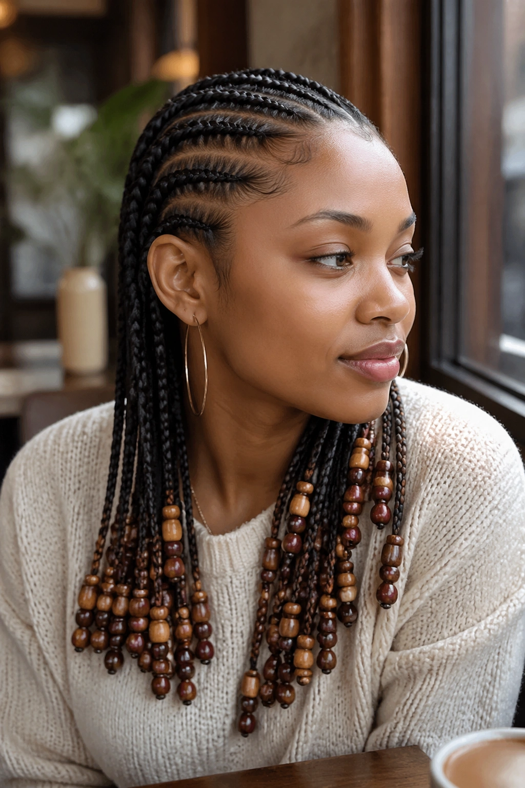 Close-up portrait with mixed bead sizes along cornrows in a single color family
