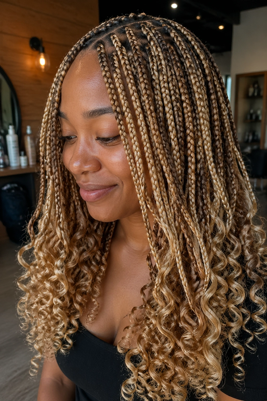 Close-up of a real person with mixed blonde knotless box braids and curly ends