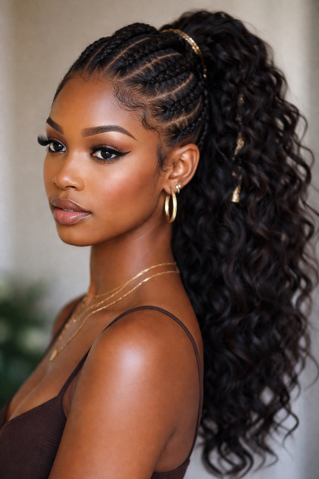Mixed-Braid Pattern Butterfly Ponytail: front cornrows, mid butterly braids, and thick back ponytail