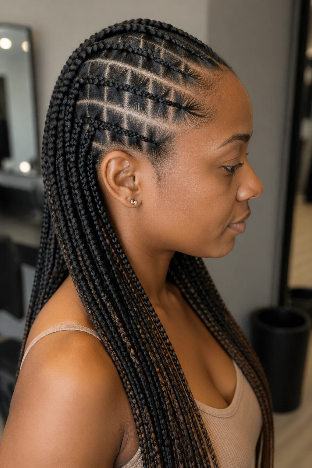 Profile of a real woman with crown French cornrows fading into box braids below