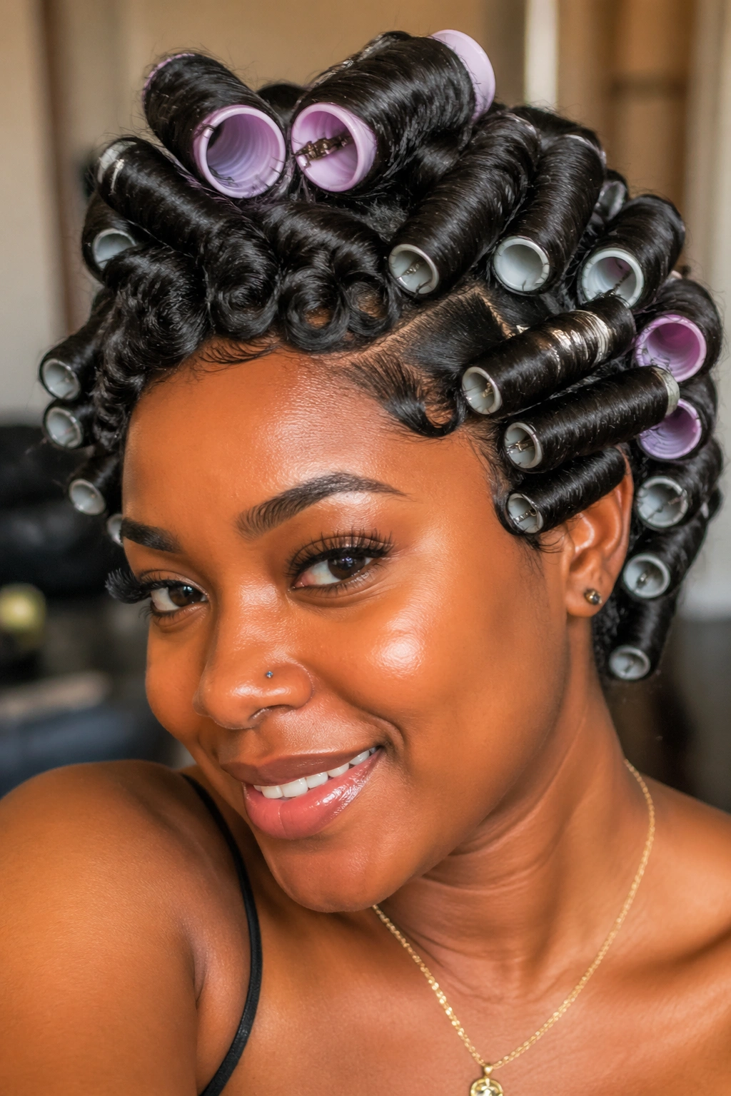 Close-up of a real woman with mixed-size rod curls for a natural look