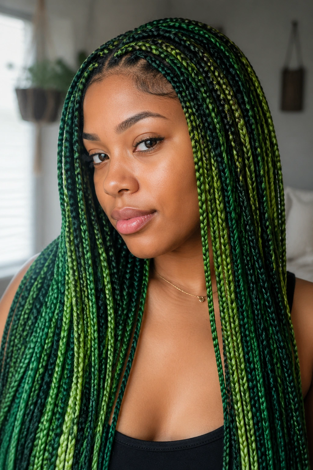 Close-up portrait of mixed-shade green box braids on a real person