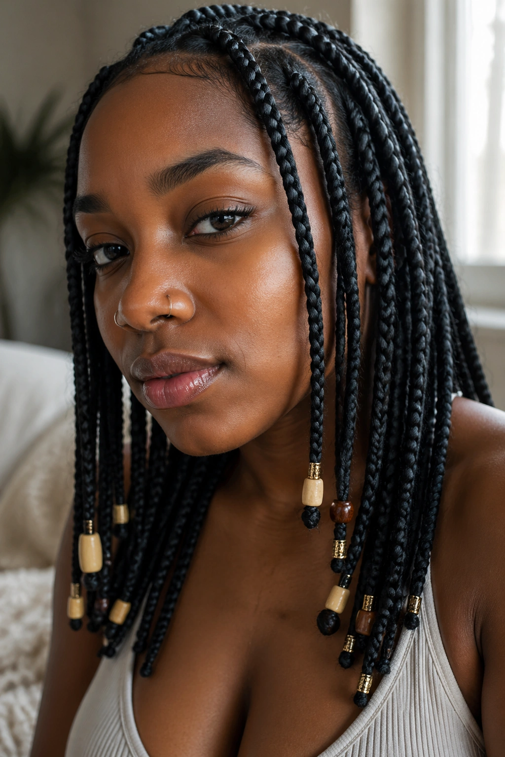 Close-up of braids with mixed bead shapes on a few ends