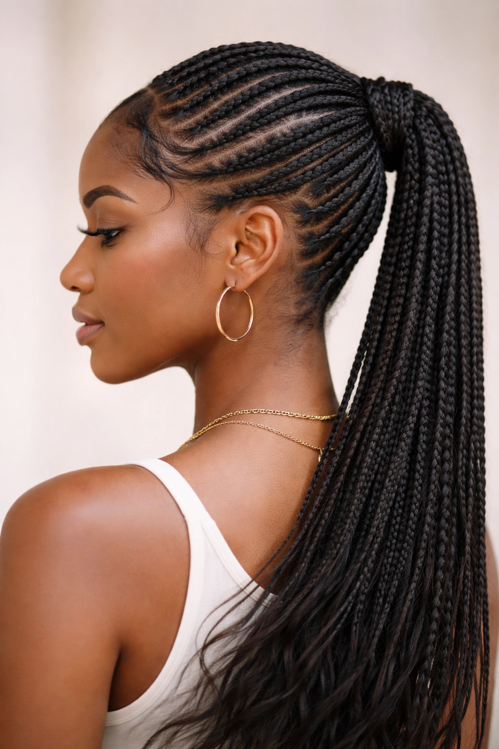 Mixed-size braid ponytail close-up with front small braids and back larger braids