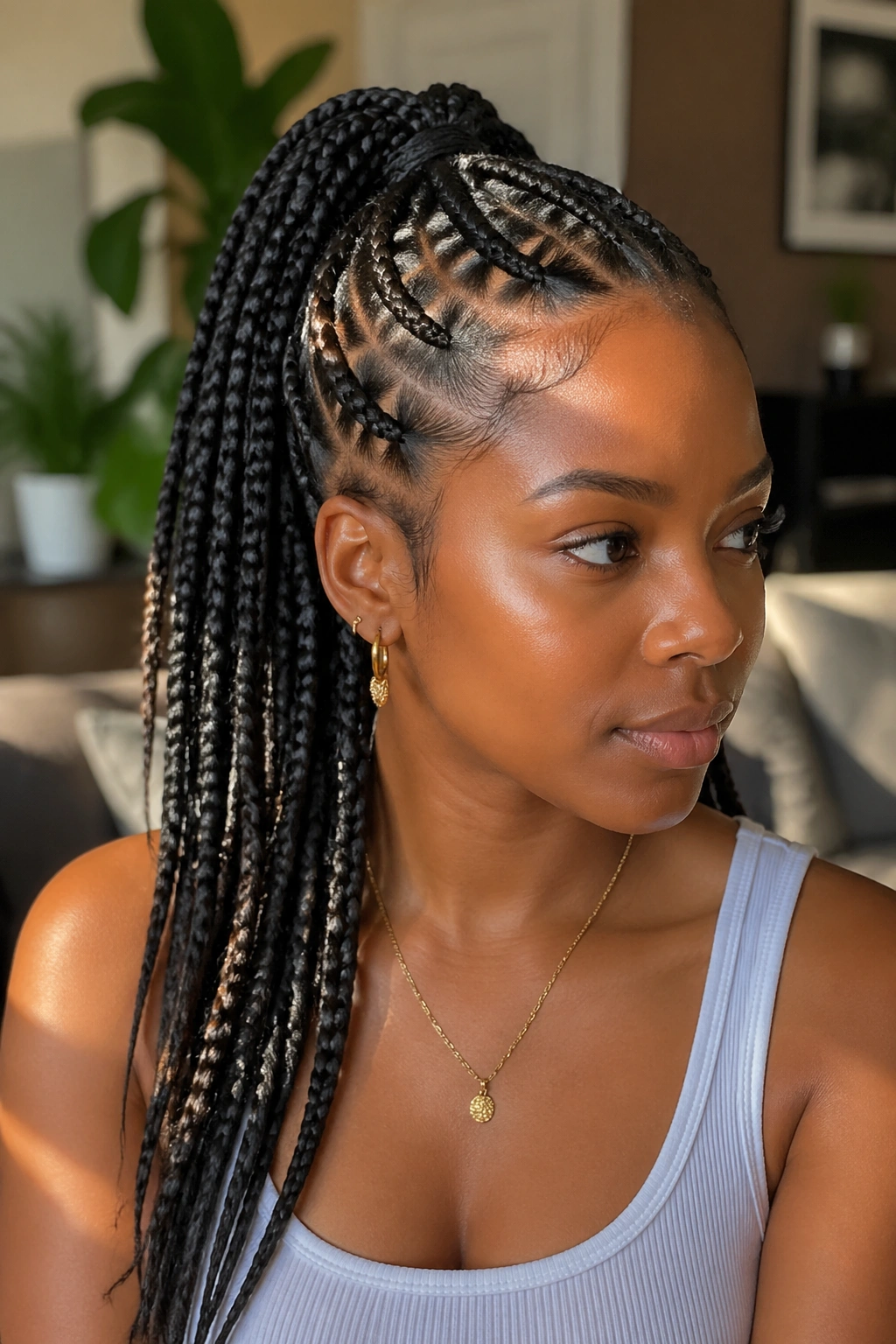 Close-up of a real woman's mixed-size braided mid ponytail with varied braid widths