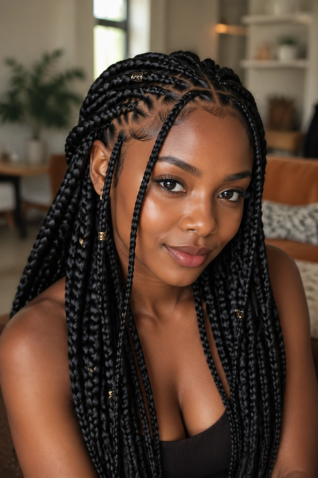 Close-up of a real woman with mixed-size Fulani box braids