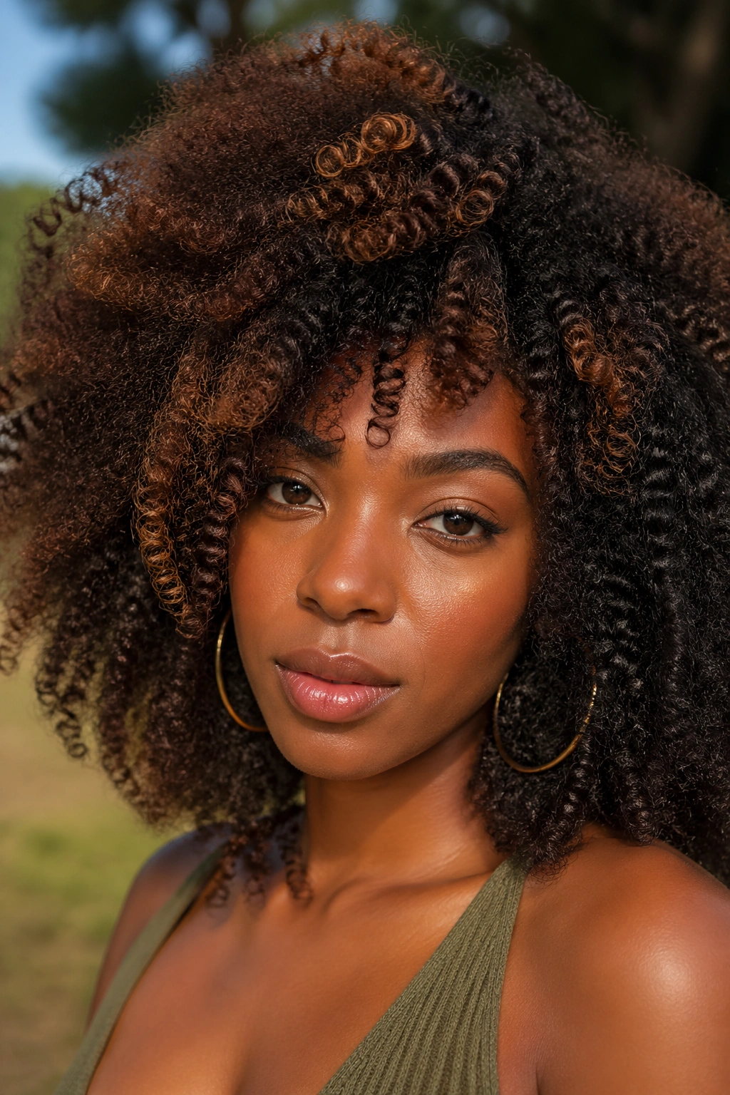 Close-up of an afro with mixed curl textures.