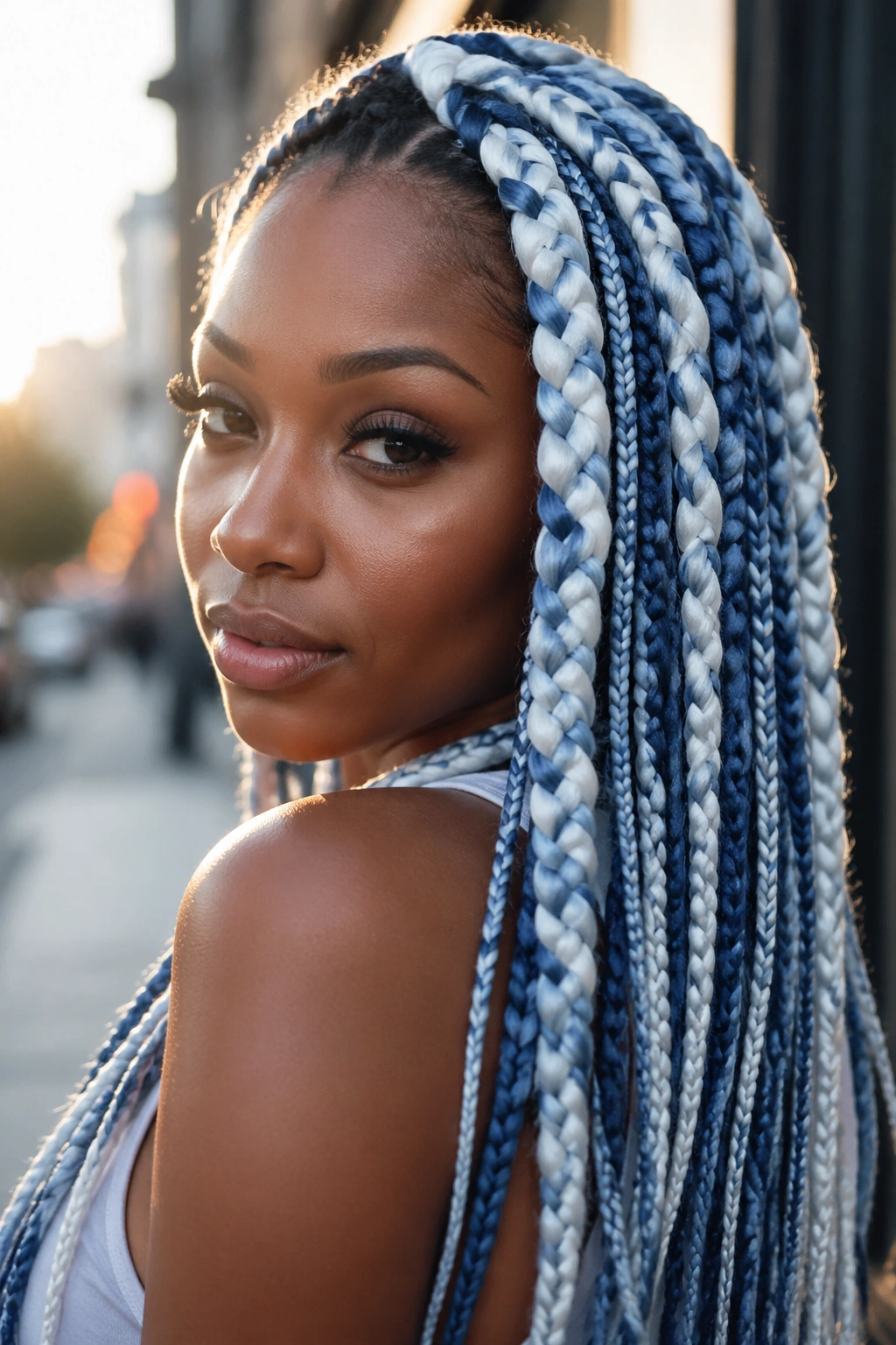 Close-up of mixed-width blue and white box braids forming a ribbon pattern on a real person