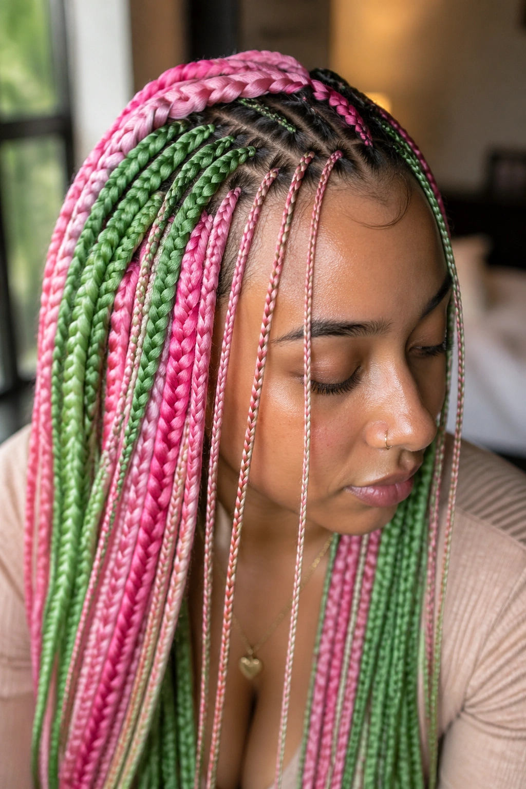 Close-up of a real person with mixed-width green and pink box braids