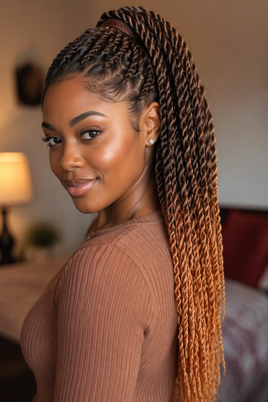 Close-up of a real Black woman with mocha to amber twisted ponytail in warm indoor light