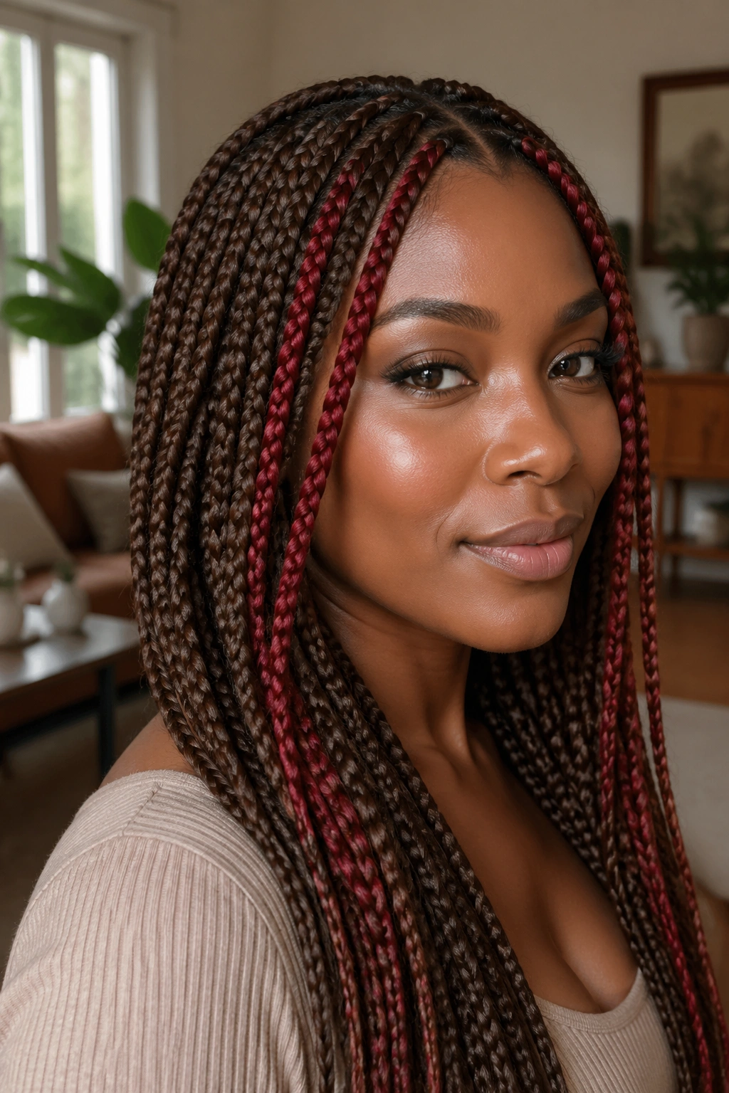 Close-up of a real woman with mocha braids and red face-framing pieces