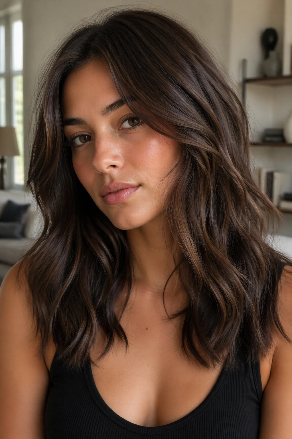 Close-up of a real woman with mocha brunette hair and tousled ends