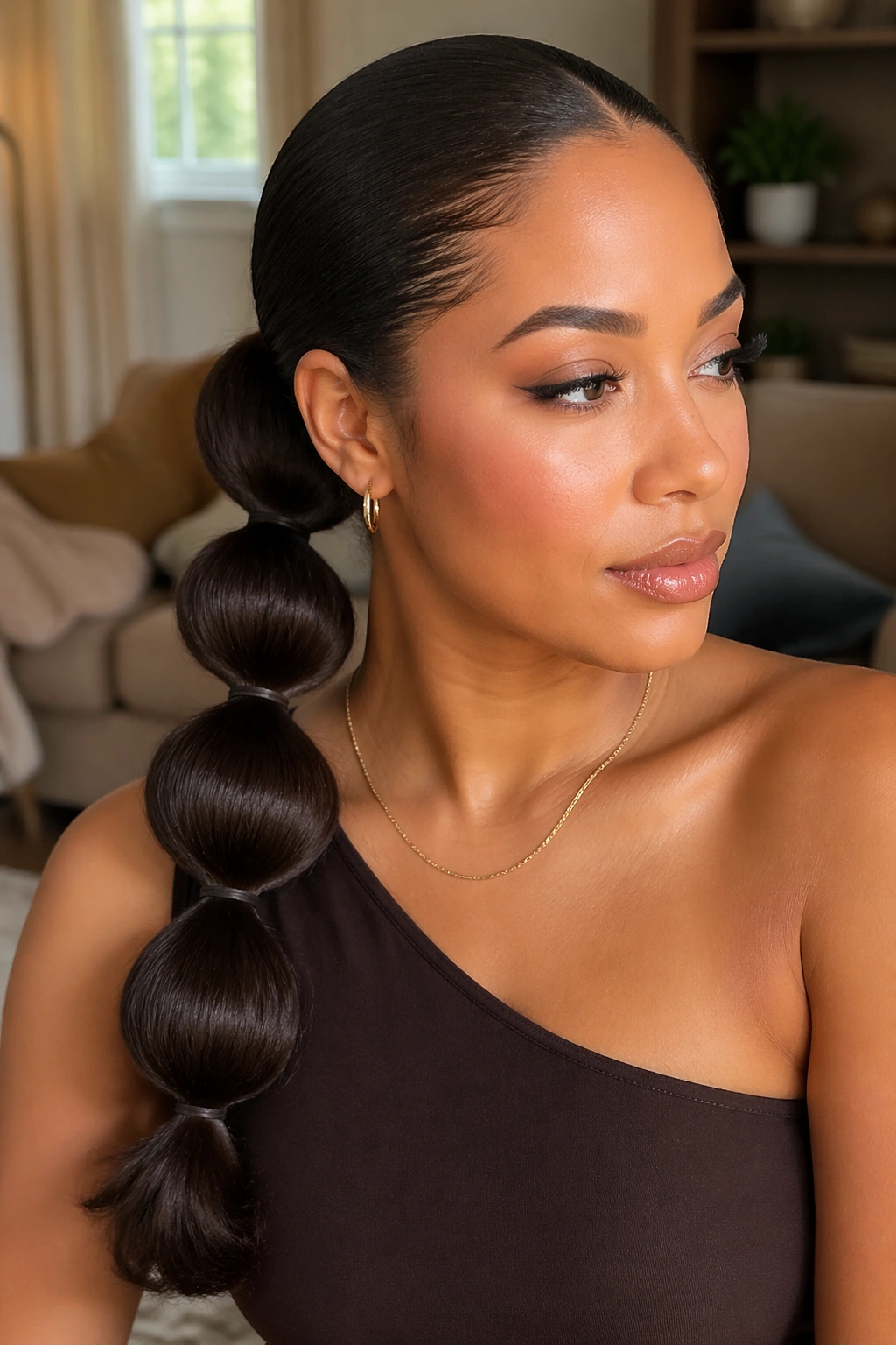 Close-up of a real woman with a deep mocha bubble ponytail, multi-section bubbles and glossy hair.