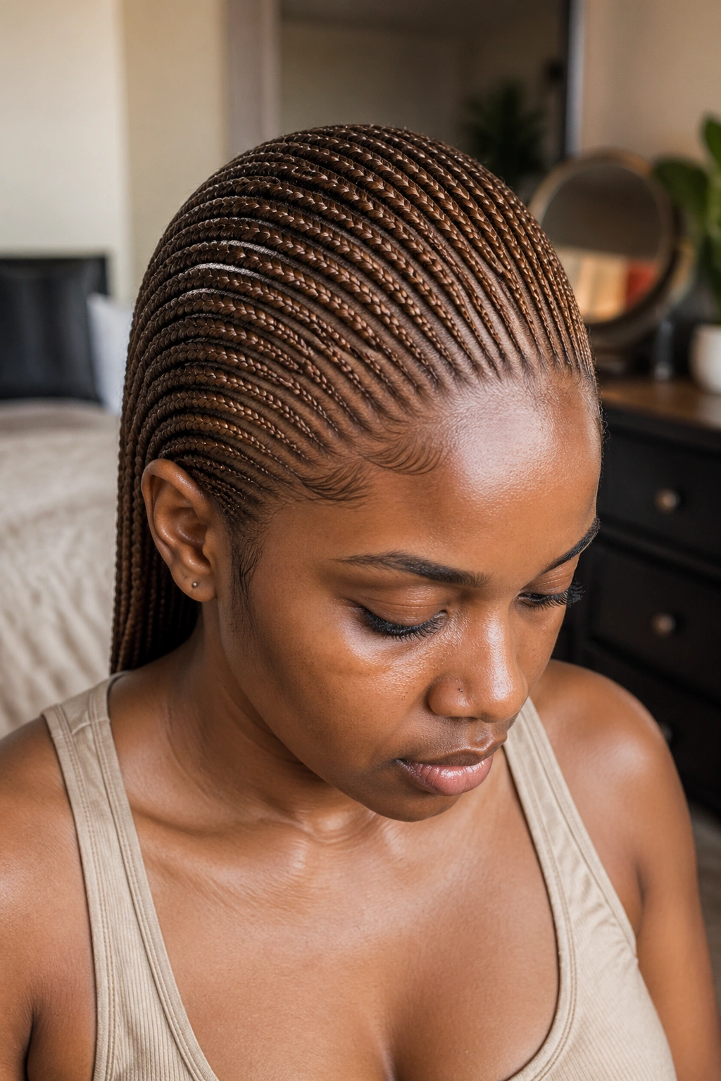 Real-person portrait showing mocha cornrows with an invisible part.