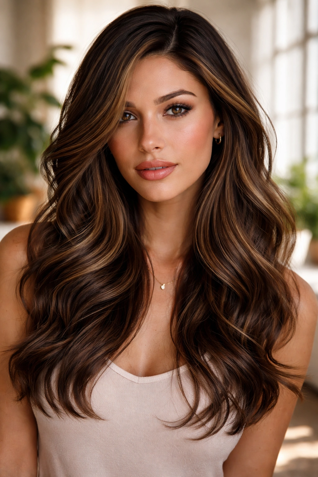 Close-up of a real woman with deep side-parted waves and mocha highlights