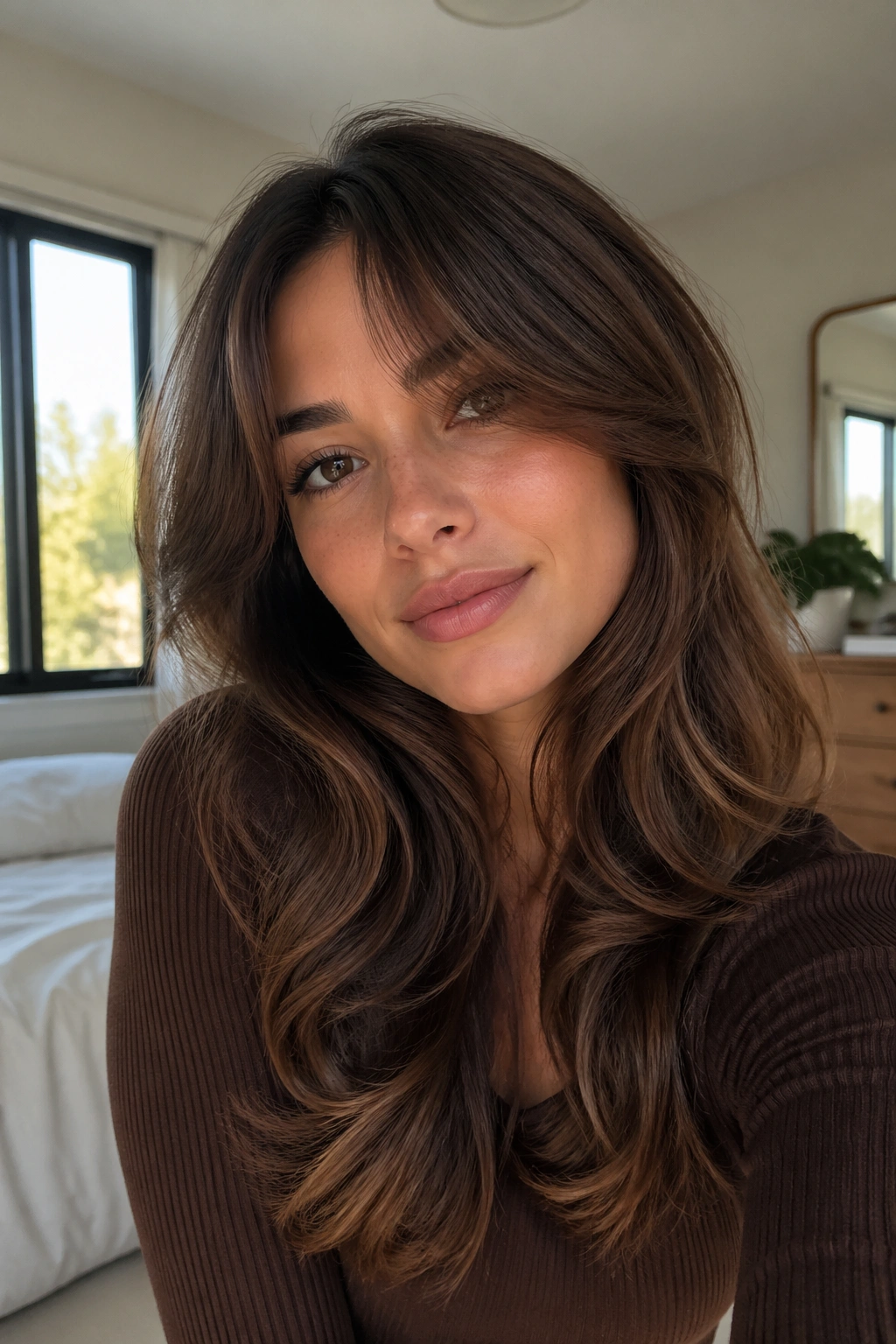 Portrait of a woman with mocha layered hair and rounded curtain bangs in sunny window light
