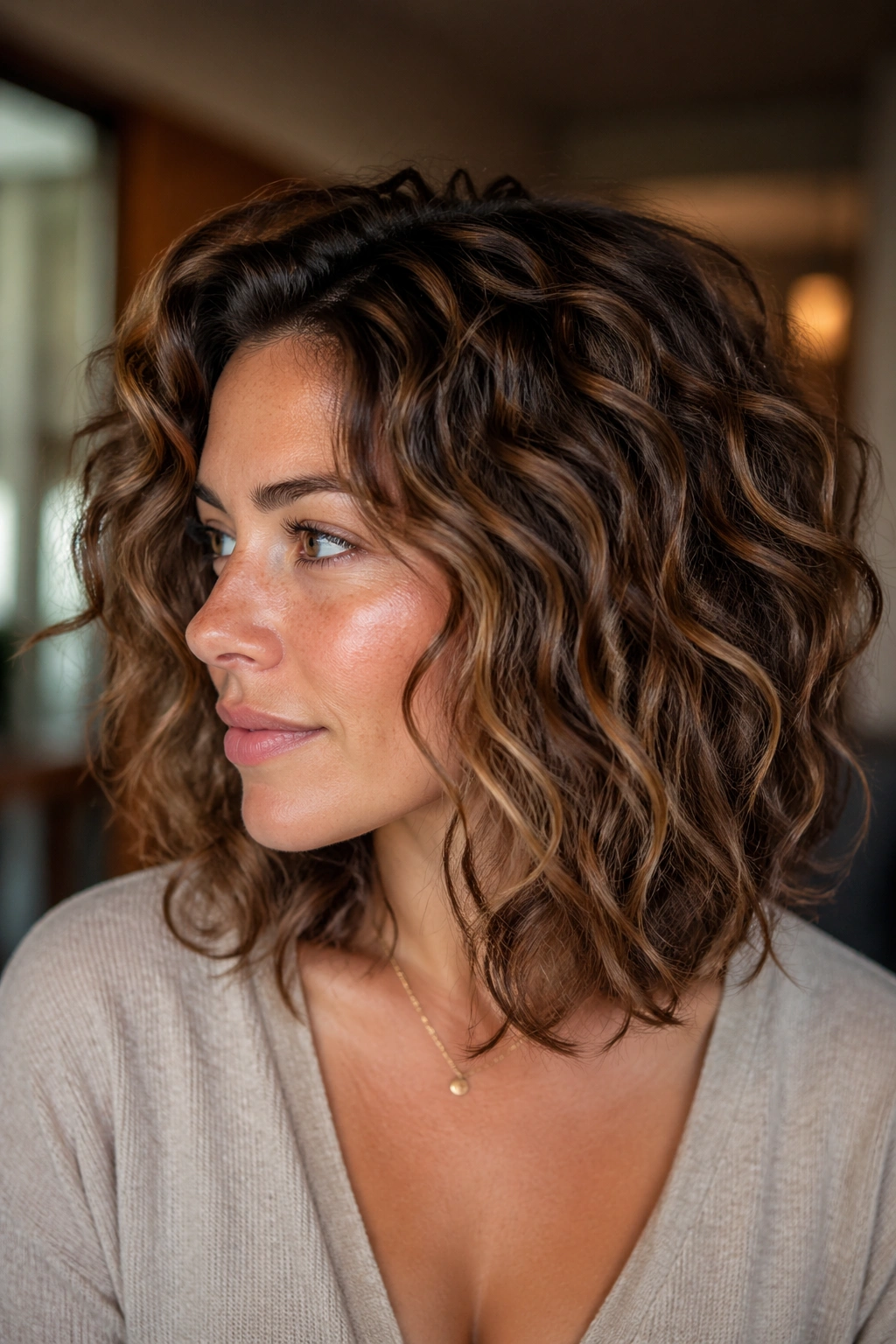 Close-up of a real woman with a curly-wavy mocha melt lob