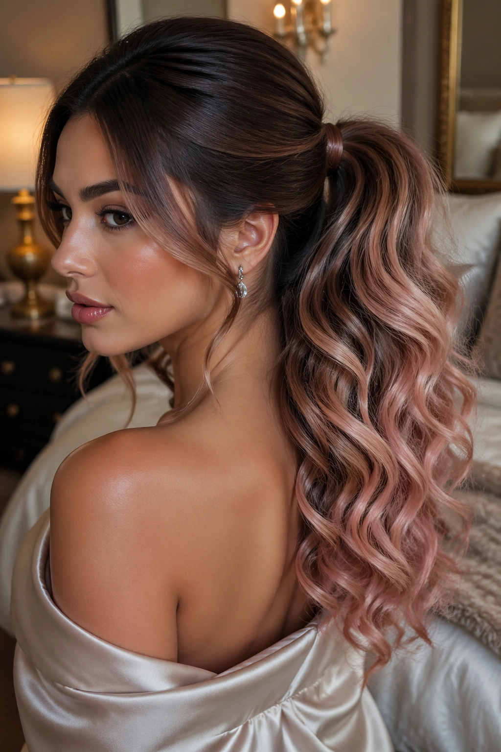 Close-up of a real person with mocha to rose gold curled ponytail