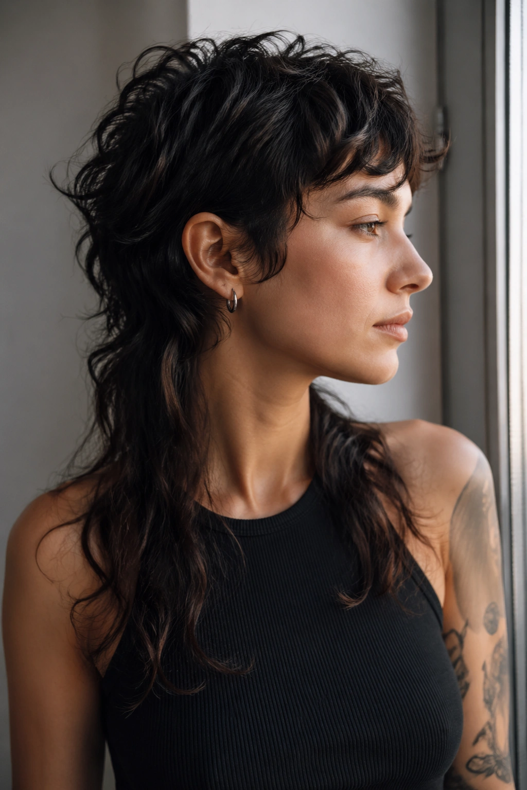 Real person with modern mullet hairstyle from a three-quarter view