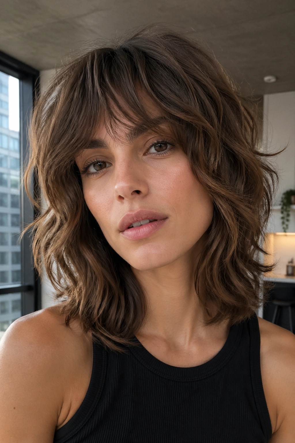Close-up of a real woman with a modern shag and airy waves.