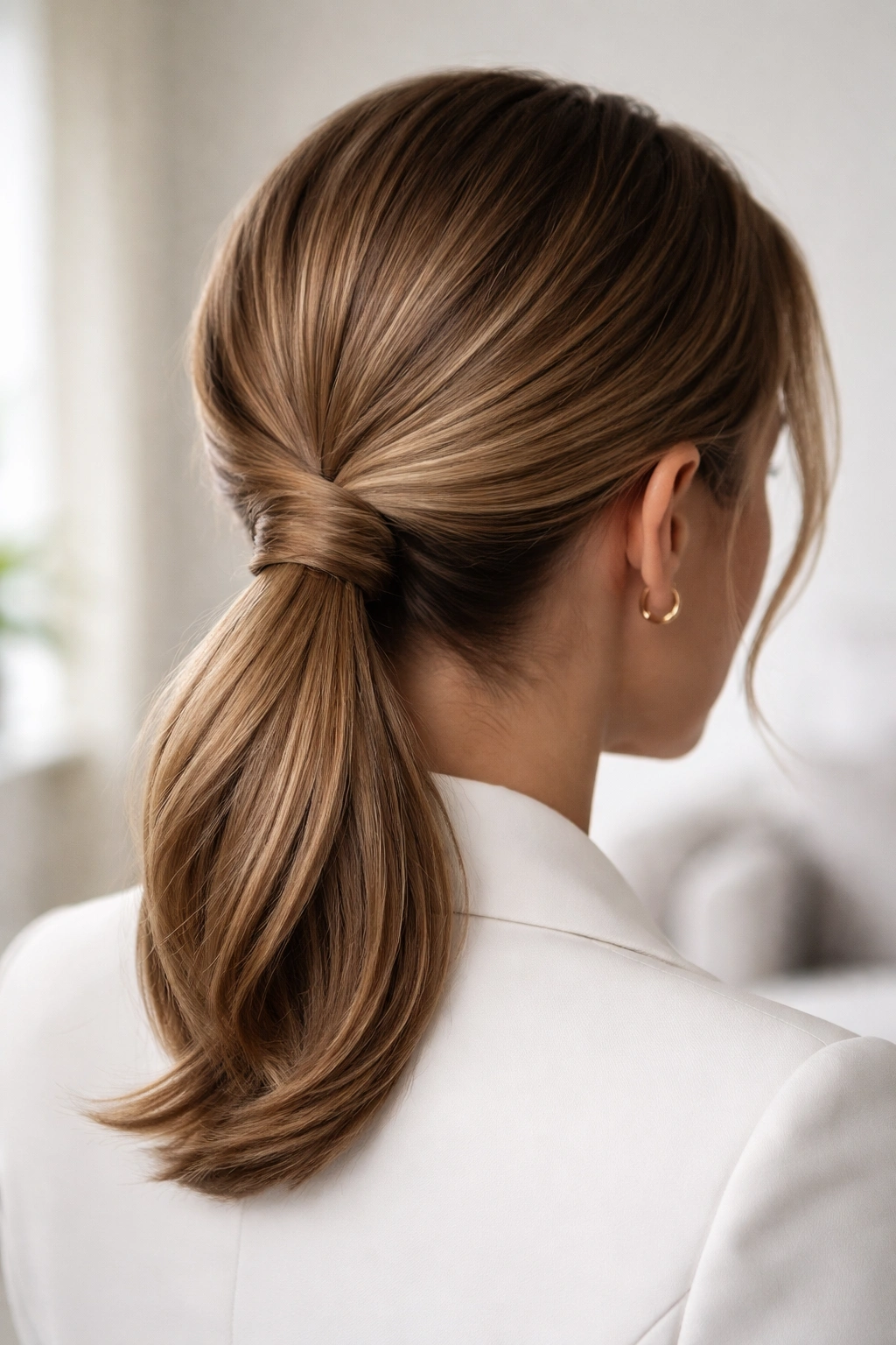 Low ponytail with a tucked-under finish showing a sleek, polished look.