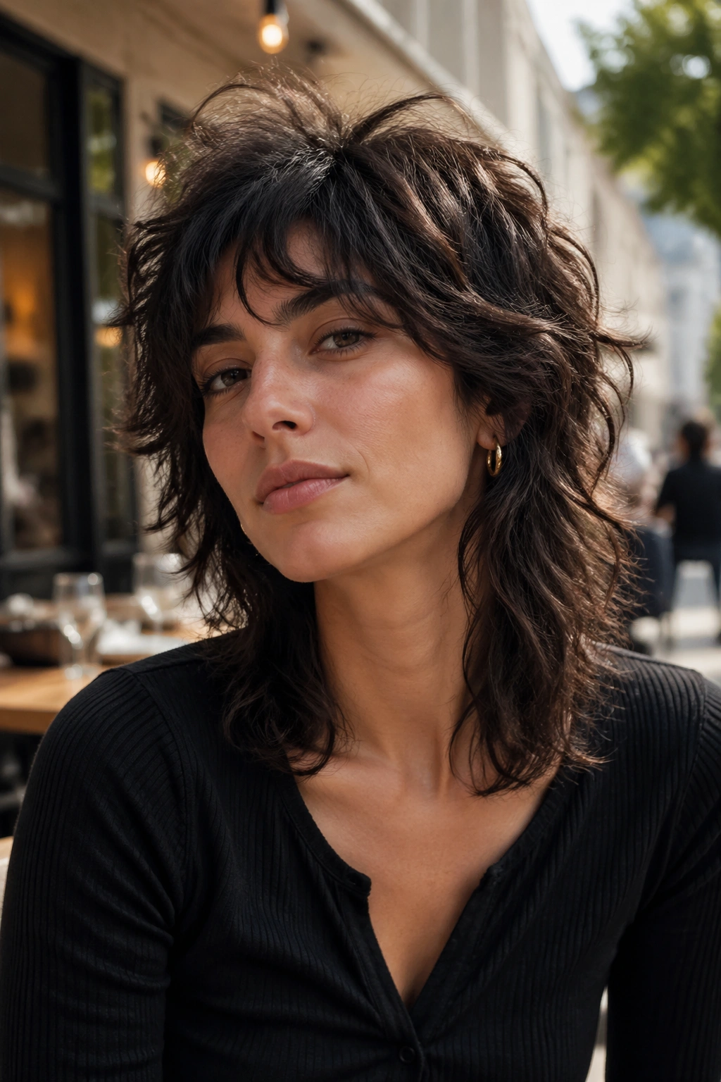 Close-up portrait of a real woman with Modern Wolf Cut showing voluminous top and longer bottom