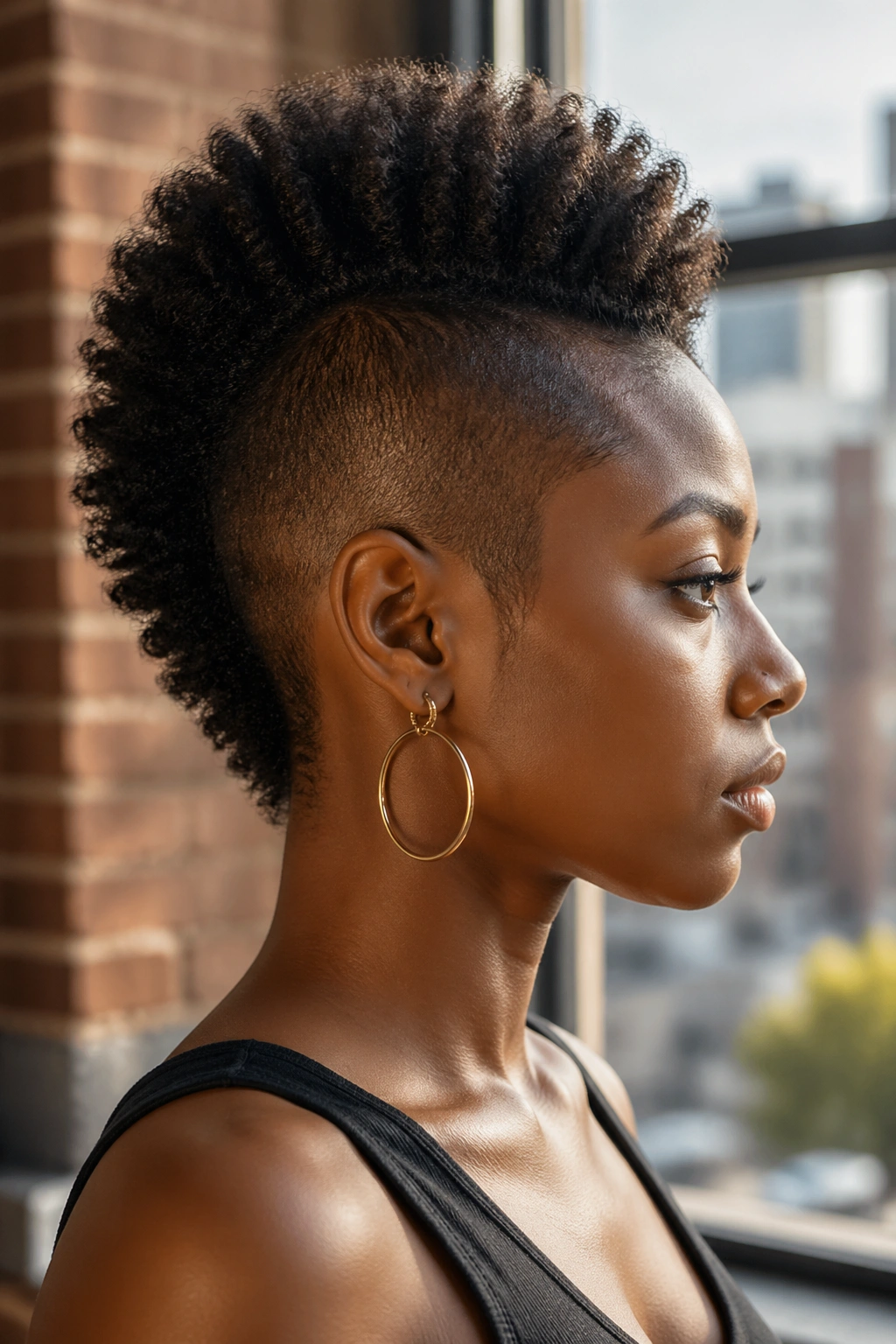 Close-up portrait of a Mohawk Afro with a tall central strip and shaved sides.