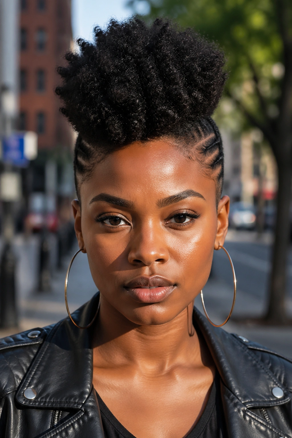 Front-facing portrait of a woman with a Mohawk Afro