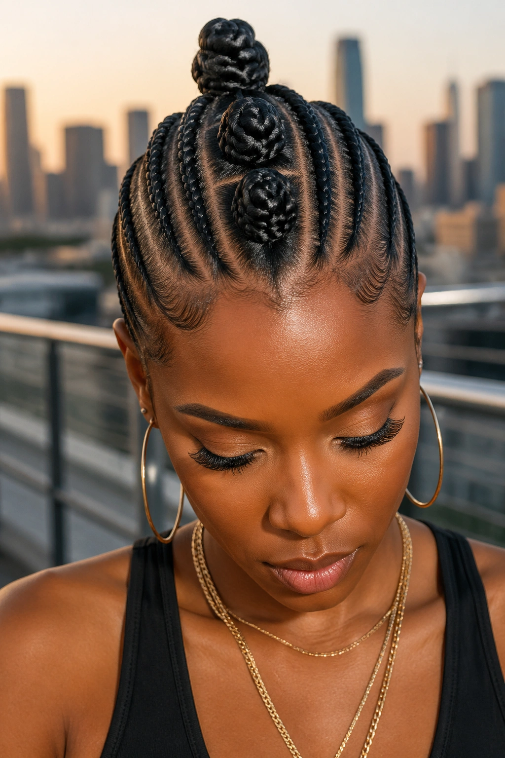 Portrait of a woman with a center bantu-knots mohawk and side cornrows on an urban rooftop