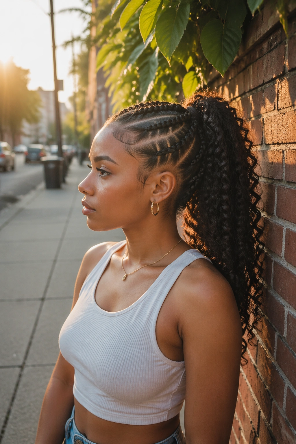 Wide environmental shot of Mohawk stitch braid ponytail in urban setting.