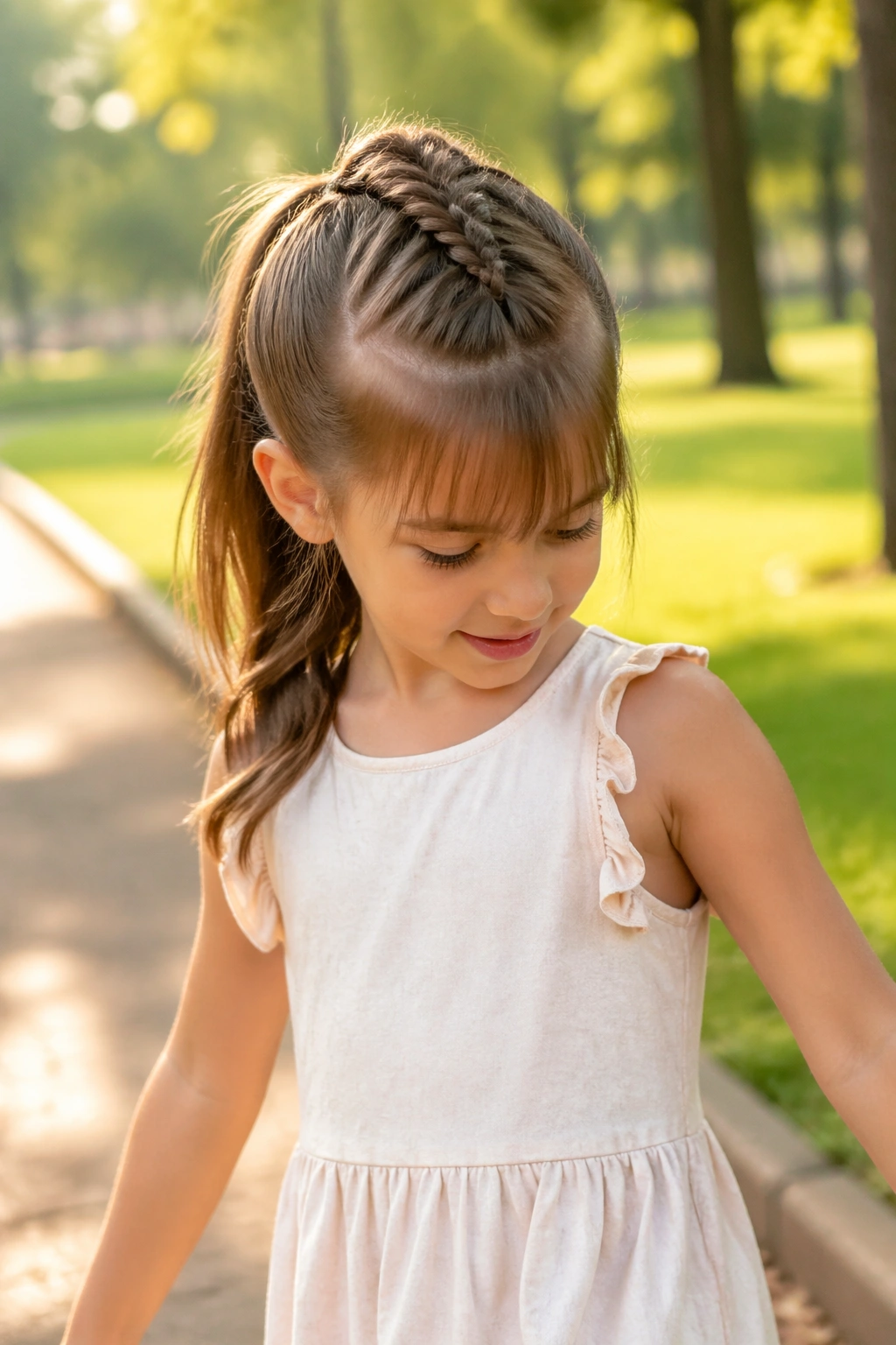 Mohawk braid ponytail with soft fringe in a park.