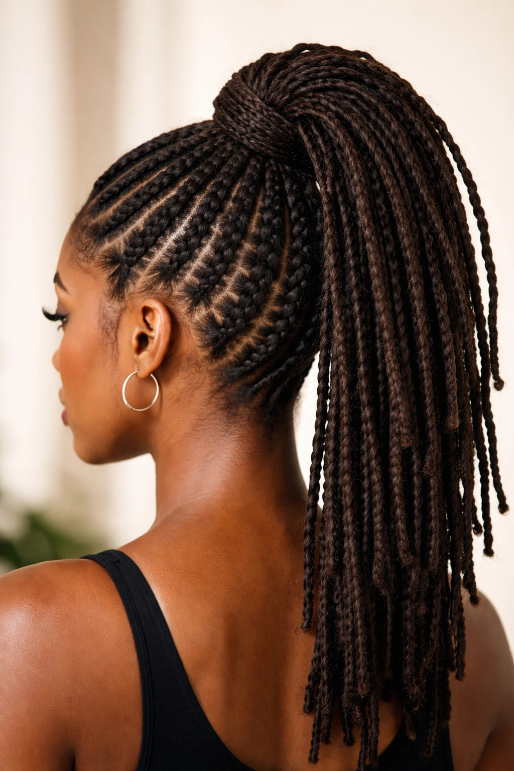 Vertical braids meeting at the top to form a mohawk and ponytail