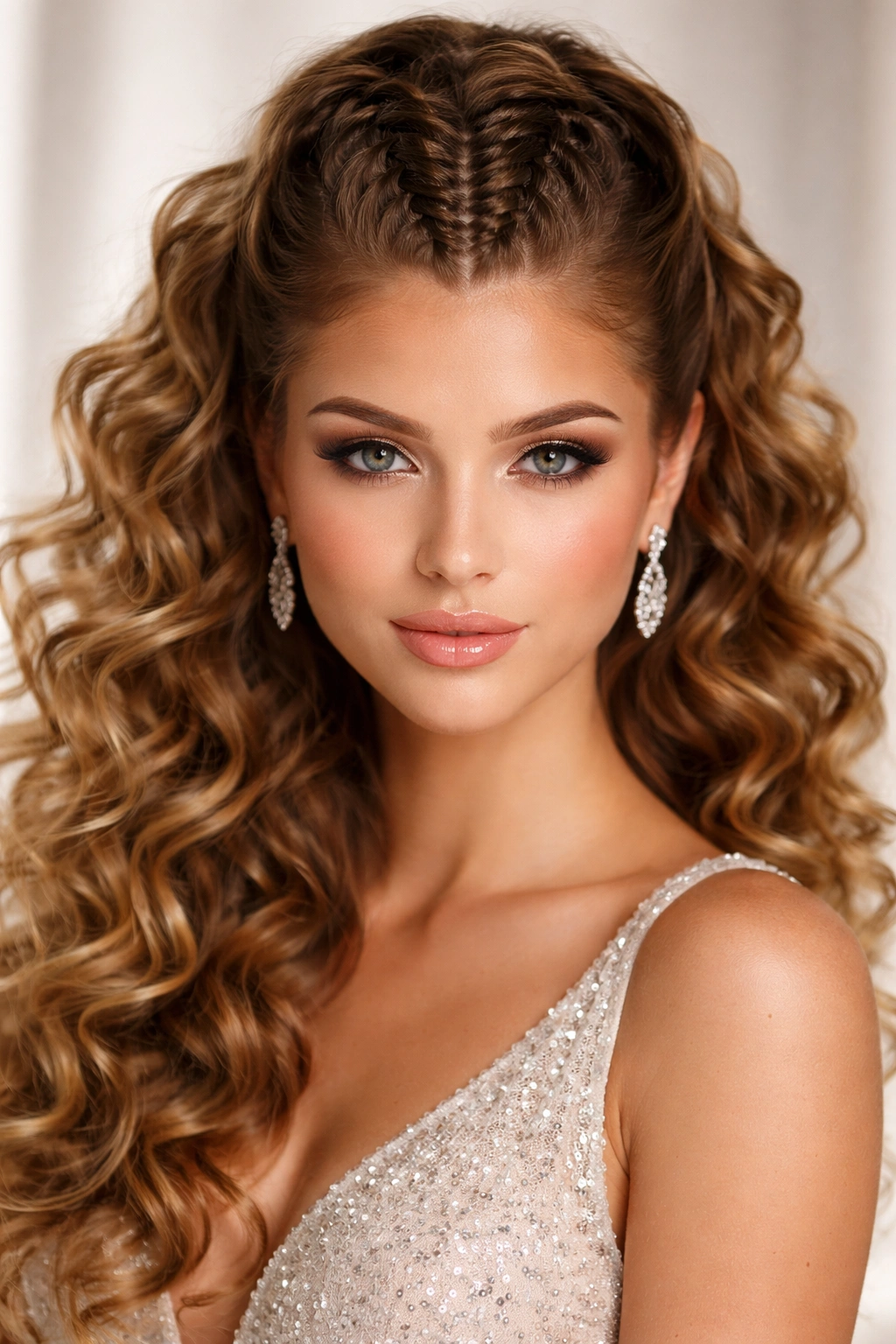 Front view of a centered pinned Mohawk braid with curls framing the crown