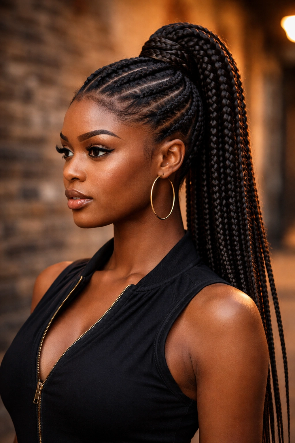 Close-up of a real woman with a mohawk braided ponytail