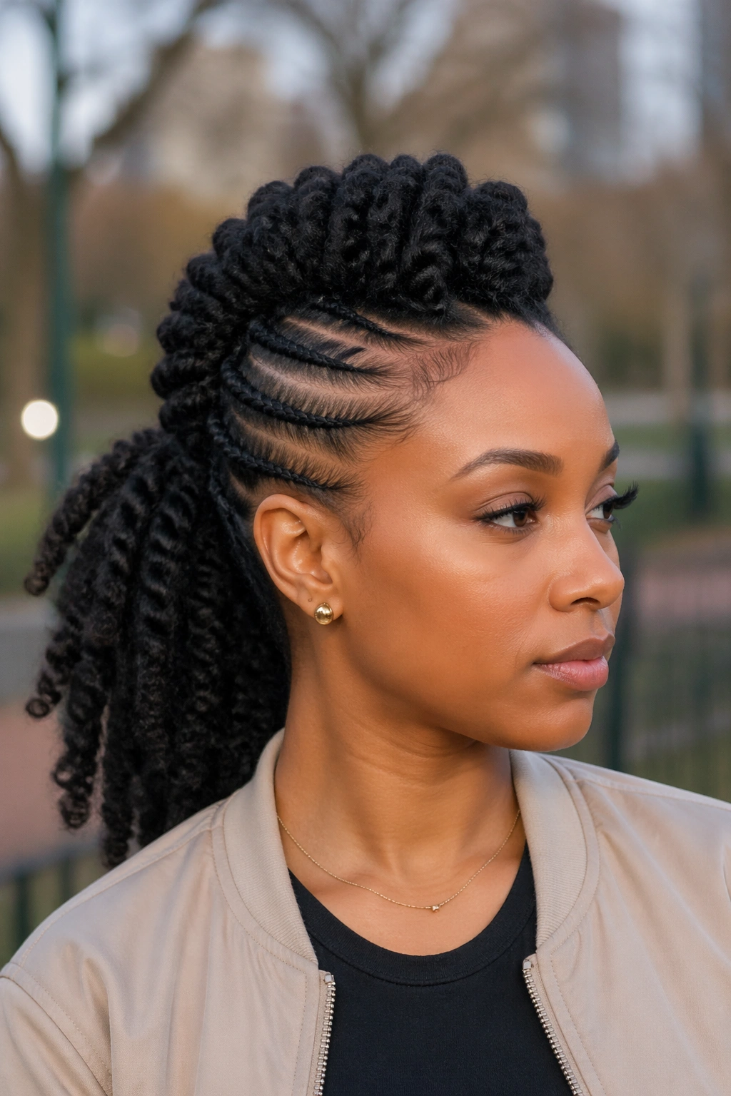 Portrait of a real woman with mohawk twist braided ponytail and side braids
