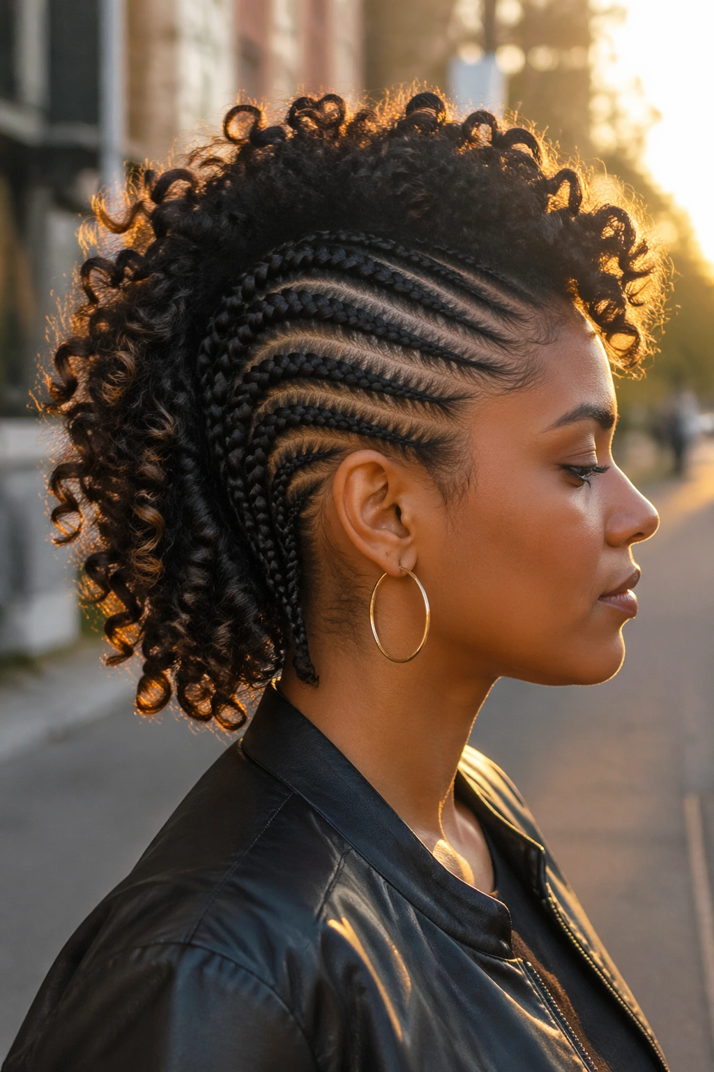 Side profile of braided mohawk with curly ends