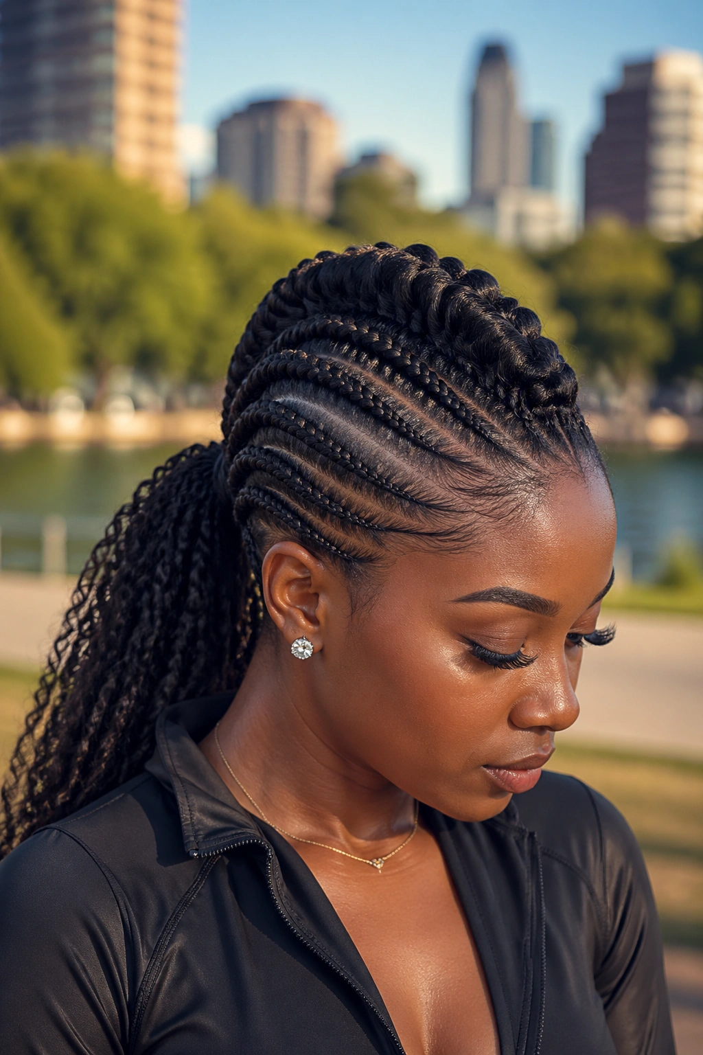 Close-up of a real woman with a mohawk-inspired braided mid ponytail showing raised center ridge