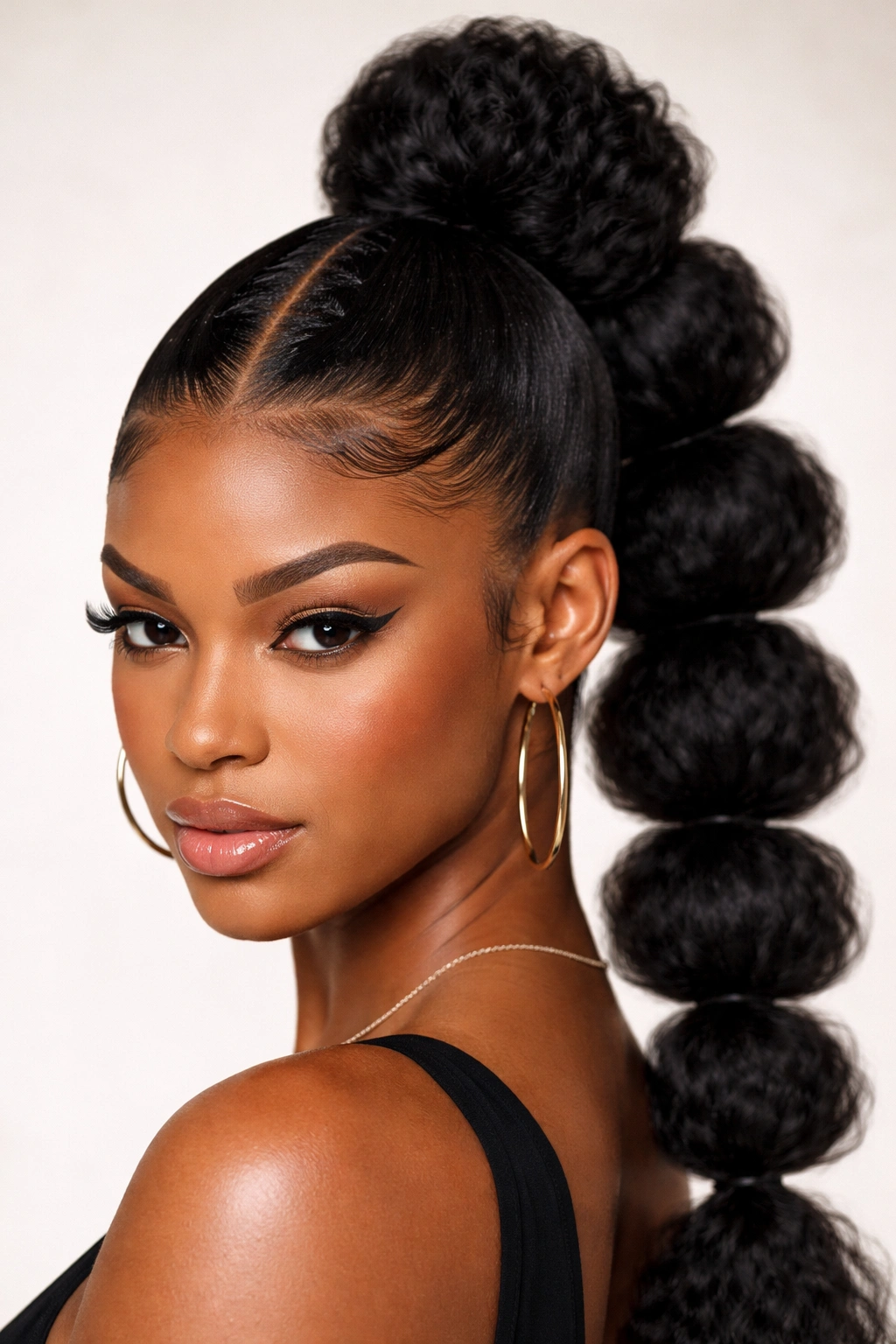 Mohawk bubble ponytail with central raised strip and evenly spaced bubbles.